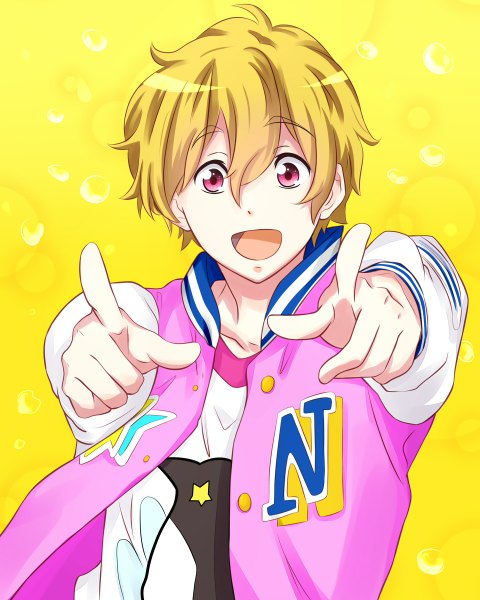 Anime picture 960x1200 with free! kyoto animation hazuki nagisa fishchan single tall image looking at viewer short hair open mouth simple background blonde hair pink eyes open jacket yellow background pointing boy jacket bubble (bubbles) bomber jacket