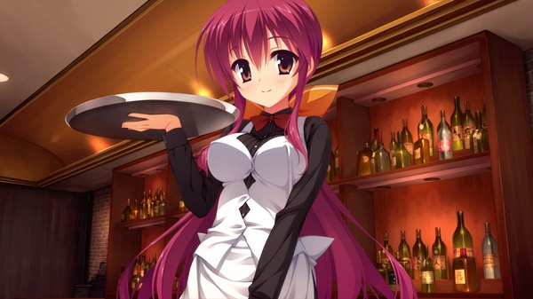 Anime picture 1280x720 with dracu-riot! yuzusoft inamura rio long hair blush red eyes wide image game cg red hair waitress girl suit tray