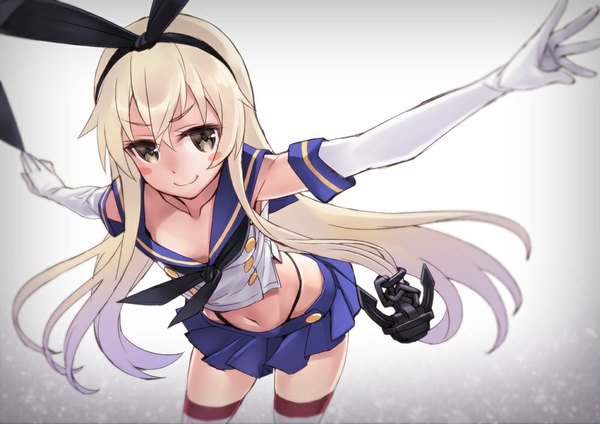Anime picture 1000x708 with kantai collection shimakaze destroyer matsuryuu single long hair looking at viewer blush blonde hair smile grey eyes zettai ryouiki spread arms girl thighhighs skirt gloves navel hair ornament underwear panties