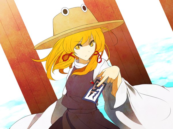 Anime picture 1500x1125 with touhou moriya suwako 60mai single long hair fringe blonde hair holding yellow eyes looking away sky traditional clothes japanese clothes wind wide sleeves girl hat