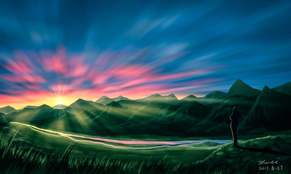 Anime picture 2500x1500 with original liwei191 long hair highres wide image standing signed sky from behind dated evening sunset mountain scenic silhouette nature girl plant (plants) water grass