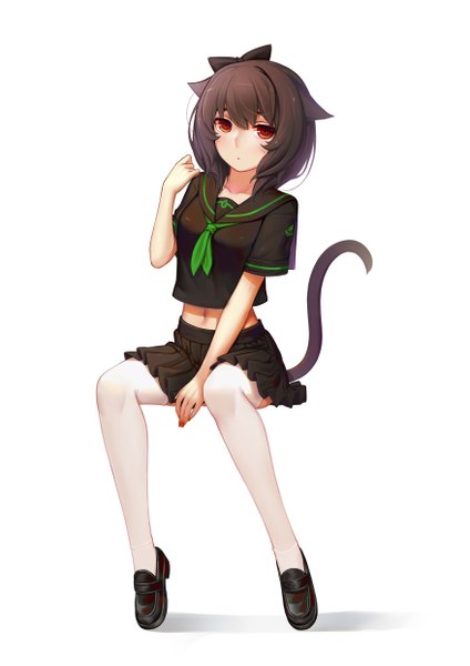 Anime picture 3507x4960 with original sonikey0 0 single tall image looking at viewer highres short hair black hair simple background red eyes white background animal ears absurdres tail animal tail cat ears cat girl cat tail girl thighhighs