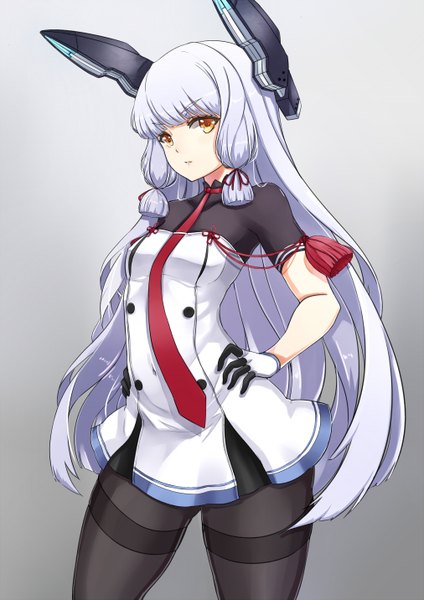 Anime picture 1012x1432 with kantai collection murakumo destroyer asya single long hair tall image looking at viewer yellow eyes white hair tress ribbon hands on hips girl hair ornament ribbon (ribbons) hair ribbon pantyhose necktie tassel