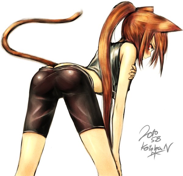 Anime picture 2306x2214 with original kotoba noriaki single long hair looking at viewer blush highres light erotic simple background red eyes white background bare shoulders signed animal ears ass ponytail tail animal tail looking back cat ears