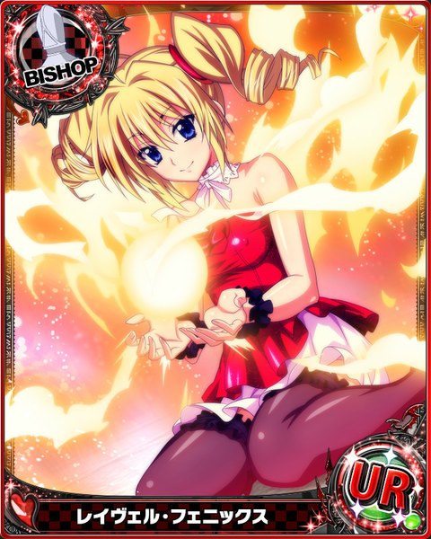 Anime picture 640x800 with highschool dxd ravel phenex single long hair tall image looking at viewer blue eyes blonde hair twintails drill hair card (medium) girl thighhighs dress black thighhighs fire fireball