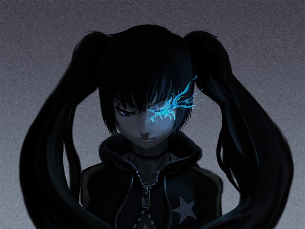 Anime picture 1500x1125 with black rock shooter black rock shooter (character) s-kan single long hair black hair twintails aqua eyes lips glowing close-up glowing eye (eyes) gloves star (stars) cloak