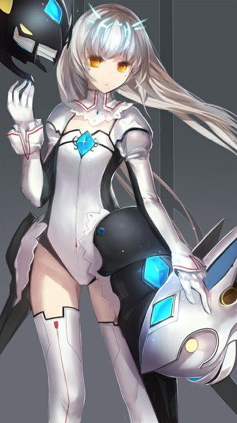Anime picture 566x1007 with elsword eve (elsword) swd3e2 single long hair tall image looking at viewer yellow eyes white hair girl thighhighs gloves white thighhighs bodysuit helmet
