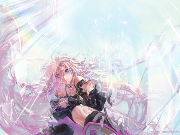 Anime picture 800x600 with vocaloid ia (vocaloid) yamakawa umi single looking at viewer fringe blue eyes hair between eyes bare shoulders signed pink hair sky braid (braids) very long hair wind from below twin braids crossed arms girl choker