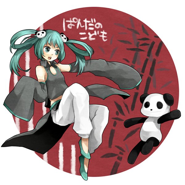 Anime picture 1000x1000 with vocaloid hatsune miku tama (songe) single long hair open mouth blue eyes twintails bare shoulders aqua hair girl plant (plants) detached sleeves flag bamboo panda japanese flag