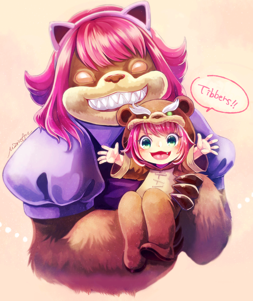 Anime picture 758x900 with league of legends annie (league of legends) tibbers (league of legends) mizoreame (artist) tall image blush fringe short hair smile green eyes signed pink hair teeth orange eyes fang (fangs) happy sharp teeth girl animal suit