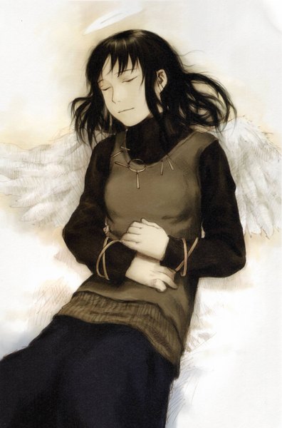 Anime picture 2208x3344 with haibane renmei reki (haibane) abe yoshitoshi single long hair tall image highres black hair simple background eyes closed scan girl wings halo vest