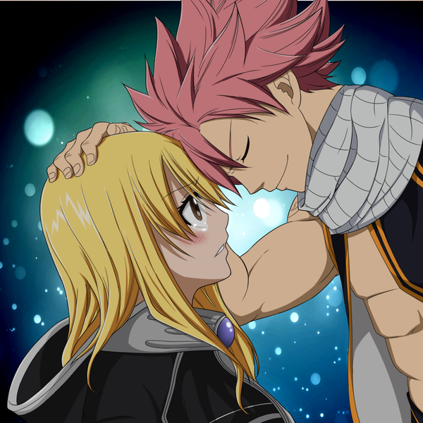 Anime picture 1024x1024 with fairy tail lucy heartfilia natsu dragneel xepherkl long hair blush short hair blonde hair smile brown eyes pink hair eyes closed profile sleeveless tears coloring muscle girl boy scarf