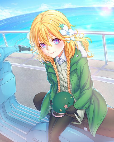 Anime picture 720x900 with the rolling girls wit studio misono chiaya fon (artist) single long hair tall image blush blonde hair smile sitting sky cloud (clouds) braid (braids) hair flower from above sunlight open clothes open jacket shadow