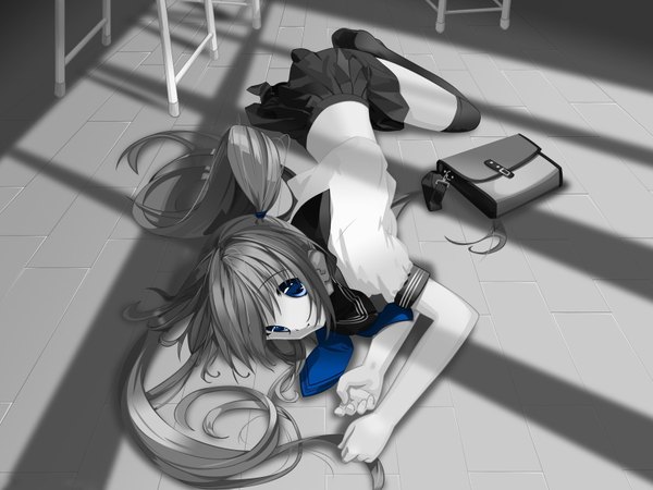 Anime picture 1600x1200 with original ueda ryou single long hair fringe blue eyes twintails lying shadow monochrome girl thighhighs skirt uniform black thighhighs school uniform shirt serafuku belt school bag