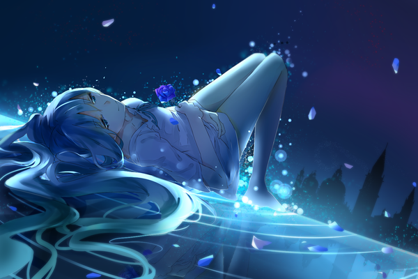 Anime picture 1500x1000 with vocaloid hatsune miku plipa single long hair fringe blue eyes twintails blue hair bent knee (knees) lying light smile night night sky reflection looking up girl flower (flowers) petals water