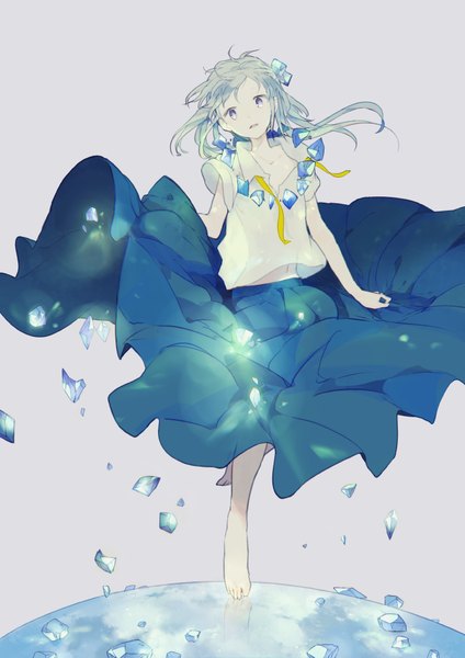 Anime picture 700x991 with original sumi (pixiv619693) single long hair tall image looking at viewer simple background purple eyes bent knee (knees) pleated skirt barefoot grey hair no shoes reflection pink background girl skirt necklace crystal long skirt