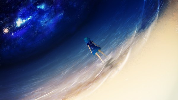 イラスト 1920x1080 と オリジナル y y (ysk ygc) ソロ highres 短い髪 wide image 空 全身 裸足 from behind aqua hair night dutch angle night sky ビーチ shooting star 女の子 ドレス 海 星