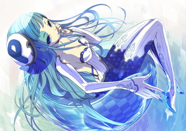 Anime picture 1132x800 with original pixiv-tan gin (oyoyo) single long hair blue eyes blue hair nail polish girl hair ornament bodysuit