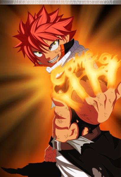 Anime picture 890x1306 with fairy tail natsu dragneel advance996 single tall image short hair smile yellow eyes pink hair sleeveless grin coloring torn clothes magic muscle boy belt scarf fire fist