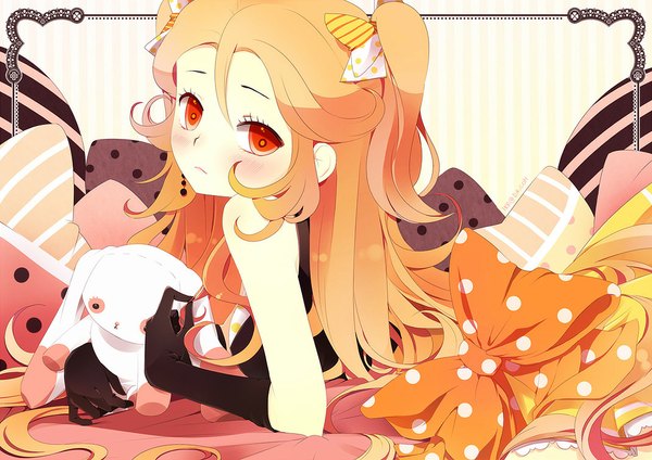 Anime picture 1069x756 with izumi k rukawa long hair blush twintails lying looking back orange hair orange eyes on stomach girl gloves bow hair bow elbow gloves