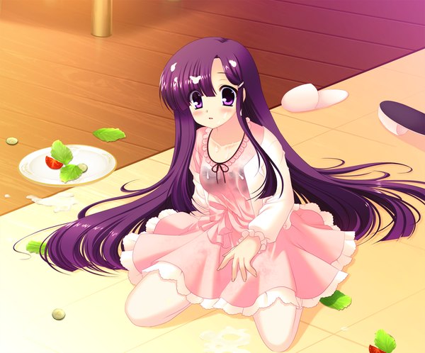 Anime picture 1024x851 with nekoguri (game) long hair blush purple eyes game cg purple hair girl dress shoes slippers