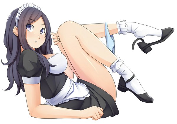 Anime picture 1176x826 with original pinkwaters single long hair blue eyes light erotic black hair simple background white background maid panty pull girl socks headdress maid headdress white socks