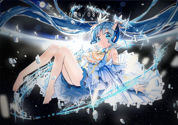 Anime picture 1000x708 with vocaloid hatsune miku kinokoko-kino single looking at viewer blue eyes blue hair very long hair barefoot blurry inscription bare legs tattoo dated happy birthday space weightlessness 2014 girl dress