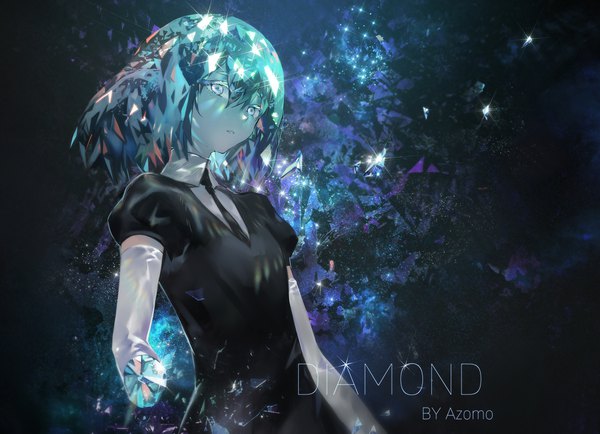 Anime picture 2000x1449 with houseki no kuni diamond (houseki no kuni) azomo single looking at viewer fringe highres short hair blue eyes hair between eyes signed upper body aqua hair puffy sleeves character names glow sad androgynous amputee dress