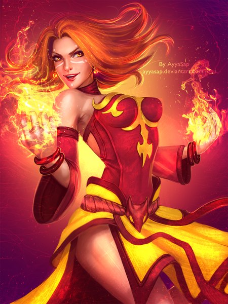 Anime picture 1536x2048 with dota 2 (game) lina (dota 2) ayyasap single long hair tall image breasts smile bare shoulders yellow eyes lips orange hair realistic wide sleeves magic girl dress detached sleeves earrings bracelet