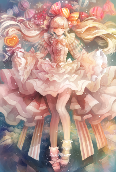 Anime picture 1063x1578 with original mukimuki mayuge single long hair tall image blush blonde hair smile twintails holding bent knee (knees) eyes closed wide sleeves girl dress hair ornament bow pantyhose food shoes