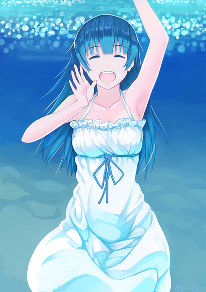 Anime picture 827x1169 with original feihong single long hair tall image open mouth blue hair eyes closed girl dress sundress
