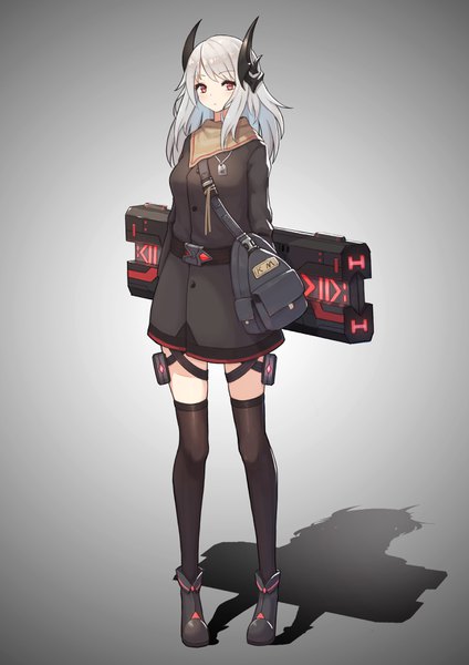 Anime picture 2480x3508 with original yao ren gui single long hair tall image blush fringe highres red eyes standing silver hair long sleeves grey background shadow zettai ryouiki gradient background military girl thighhighs uniform
