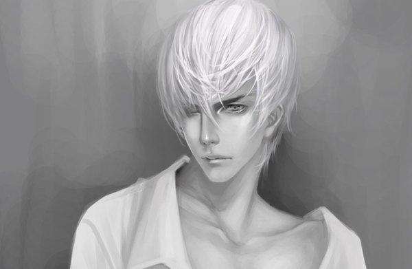 Anime picture 2480x1618 with sengoku basara production i.g mitsunari ishida dk (pixiv) dkaki single highres short hair white hair one eye closed lips wink realistic grey background monochrome boy shirt wall