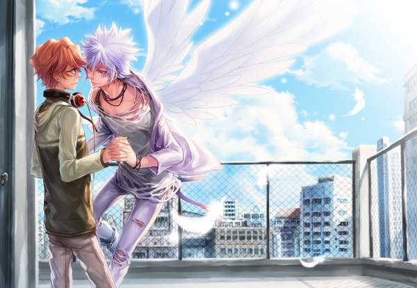 Anime picture 1350x932 with katekyou hitman reborn byakuran irie shouichi short hair blonde hair smile purple eyes holding green eyes sky silver hair cloud (clouds) white hair tattoo torn clothes city holding hands face to face shounen ai boy