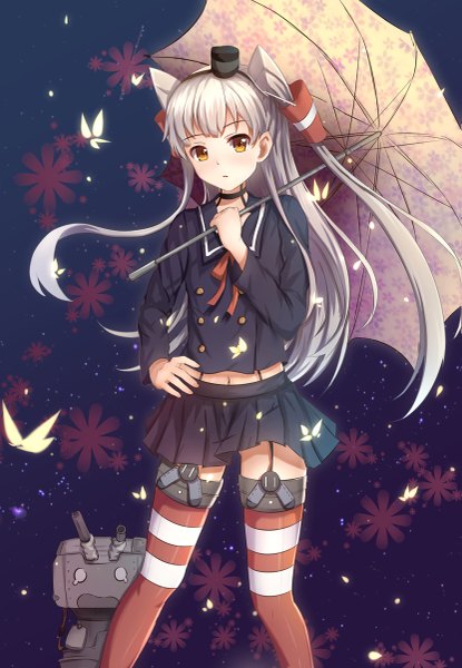 Anime picture 831x1200 with kantai collection amatsukaze destroyer rensouhou-kun reki (lichk) long hair tall image looking at viewer blush brown eyes white hair two side up girl thighhighs skirt flower (flowers) weapon hat insect butterfly umbrella