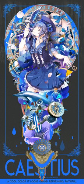 Anime picture 750x1625 with original yuu (arcadia) single tall image short hair blue eyes blue hair looking away dark background girl dress flower (flowers) animal petals bird (birds) anchor dolphin anemone (flower)