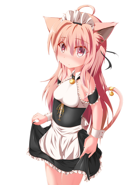 Anime picture 2688x3623 with original neguse hinata single long hair tall image blush highres light erotic white background bare shoulders animal ears pink hair animal tail pink eyes maid cat girl girl bell jingle bell