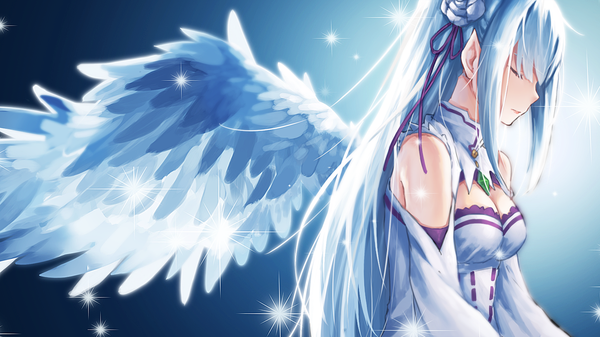 Anime picture 1920x1080 with re:zero kara hajimeru isekai seikatsu white fox emilia (re:zero) leikangmin single long hair highres wide image silver hair eyes closed hair flower pointy ears girl dress flower (flowers) wings