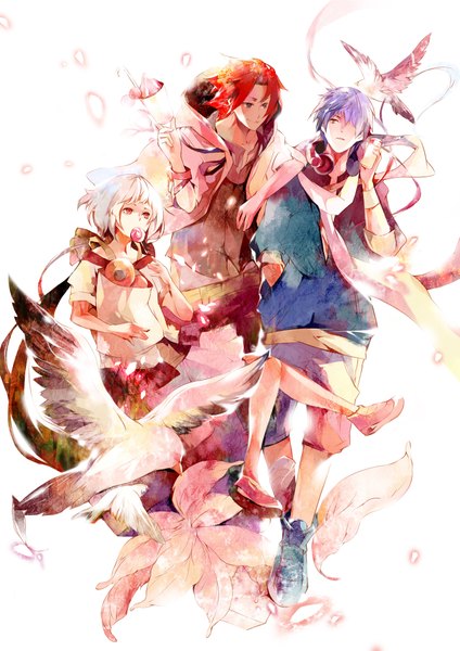 Anime picture 1417x2005 with original deta tall image fringe short hair simple background red eyes white background blue hair purple hair white hair red hair hair over one eye orange hair grey eyes group girl boy flower (flowers) animal