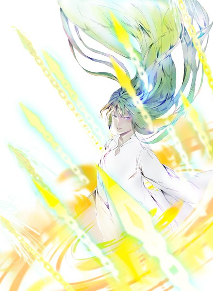 Anime picture 820x1121 with fate (series) fate/strange fake enkidu (fate) neronero00 single tall image looking at viewer blue eyes very long hair green hair floating hair androgynous boy chain