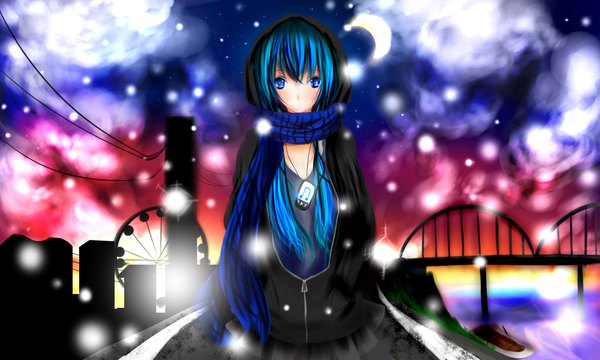 Anime picture 2000x1200 with vocaloid hatsune miku kitamuraeri (artist) single long hair highres blue eyes wide image blue hair snowing winter hands in pockets crescent girl scarf hood bridge