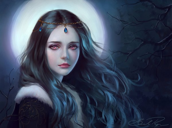 Anime picture 1037x771 with original selenada single long hair looking at viewer black hair blue hair pink eyes multicolored hair lips realistic night two-tone hair night sky lipstick gradient hair pink lipstick bare tree sad girl