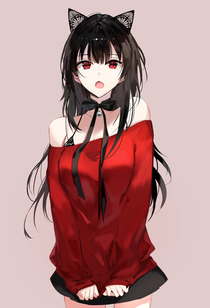 Anime picture 790x1158 with original naru (ul) single long hair tall image looking at viewer fringe breasts open mouth black hair simple background hair between eyes red eyes standing bare shoulders animal ears off shoulder :o sleeves past wrists fake animal ears