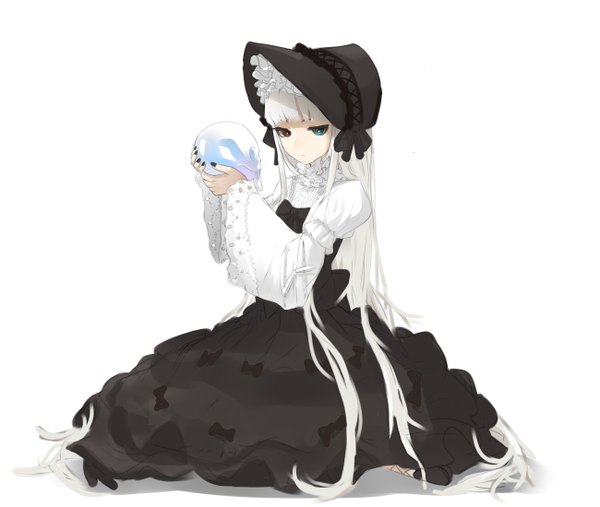 Anime picture 1300x1100 with original ss0l (skghek) single looking at viewer blue eyes simple background red eyes white background sitting holding white hair long sleeves very long hair nail polish wide sleeves heterochromia lolita fashion black nail polish goth-loli gothic