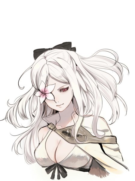 Anime picture 749x1000 with drakengard zero (drag-on dragoon) pixiv id 2441864 single long hair tall image fringe breasts large breasts white background cleavage white hair wind hair over one eye looking down portrait flower over eye girl dress flower (flowers)