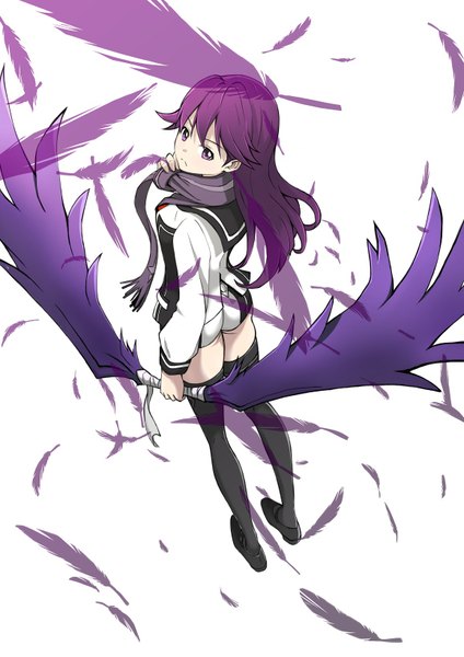 Anime picture 1158x1638 with vividred operation kuroki rei okazon single long hair tall image fringe simple background standing white background purple eyes holding purple hair looking back looking down angel wings frown girl thighhighs uniform