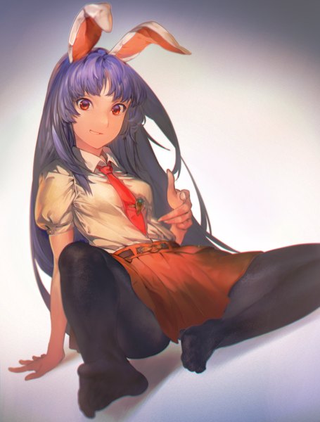 Anime picture 1139x1500 with touhou reisen udongein inaba ant of spirit single long hair tall image looking at viewer red eyes sitting animal ears purple hair barefoot bunny ears no shoes pointing at viewer girl skirt miniskirt shirt pantyhose
