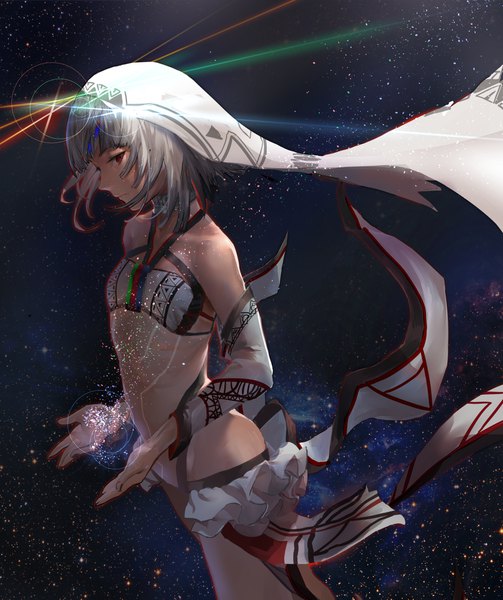 Anime picture 1486x1771 with fate (series) fate/grand order fate/extra altera (fate) nuda single tall image looking at viewer fringe short hair light erotic red eyes bare shoulders profile grey hair dark skin bodypaint girl detached sleeves choker
