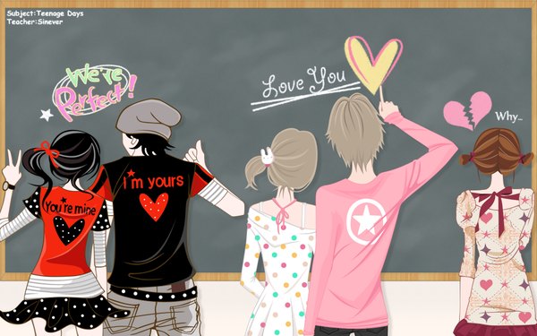 Anime picture 1920x1200 with el-zheng highres short hair black hair blonde hair wide image signed ponytail from behind inscription couple back victory group star print heart print girl boy hair ornament bow