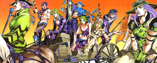 Anime picture 3000x1200 with jojo no kimyou na bouken steel ball run kujo jotaro kujo jolyne giorno giovanna higashikata jousuke jonathan joestar johnny joestar gyro zeppeli joseph joestar will anthonio zeppeli araki hirohiko long hair highres short hair wide image sitting purple eyes green eyes purple hair